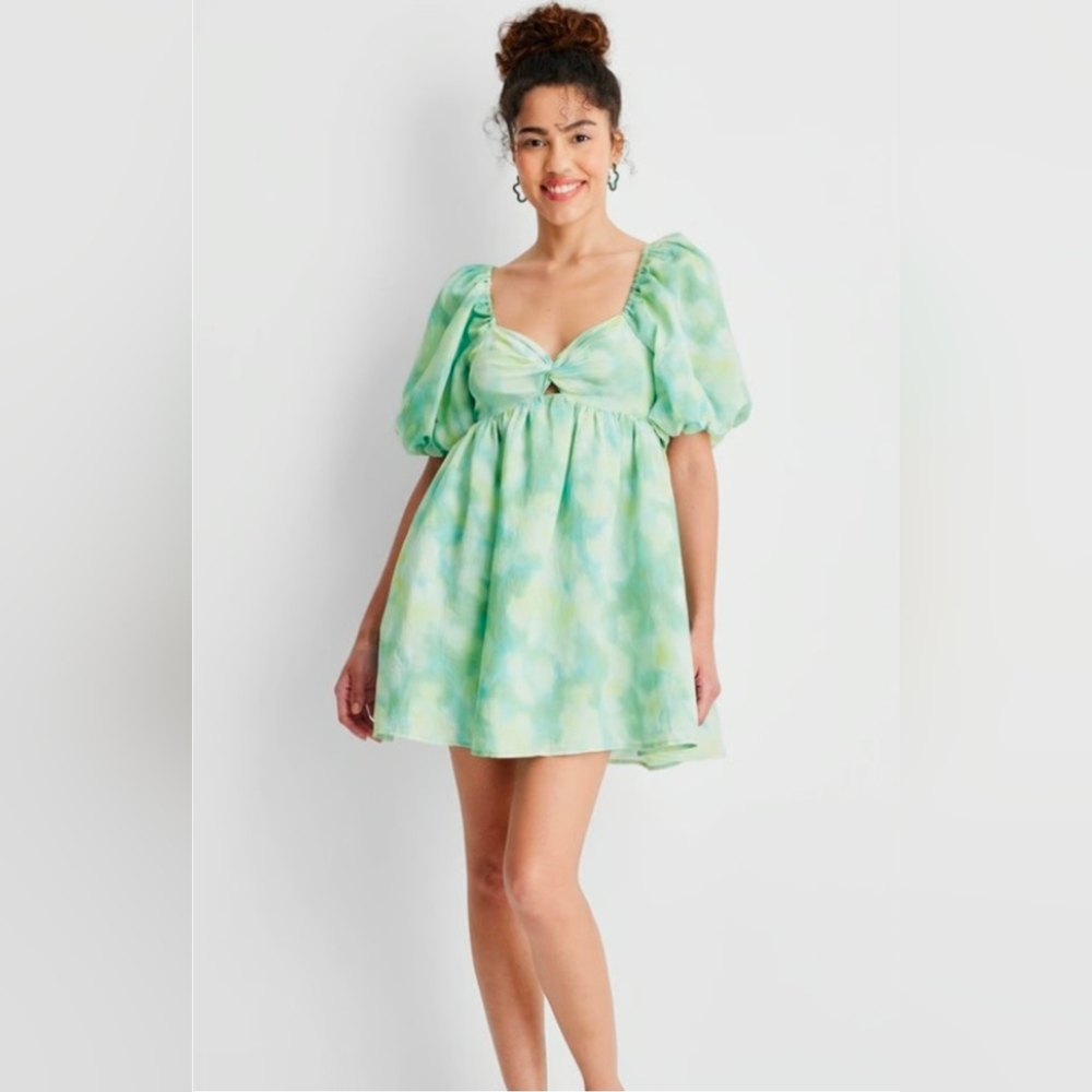 Green Tie-Dye Puff Sleeve Mini Dress